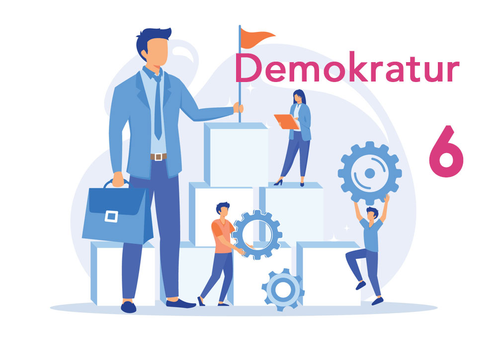 Illustration, Führungskraft setzt Ziele, motivierte Mitarbeiter erklimmen das Ziel