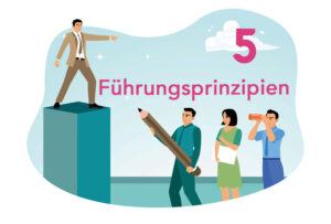 Illustration Führungsprinzipien. Mensch auf Podest zeigt die Richtung, 3 Menschen mit verschiedenen Werkzeugen unterstützen ihn