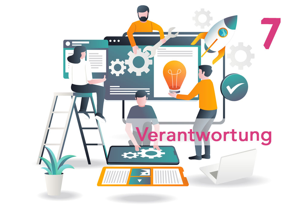 Ein Team erstellt ein Produkt und launcht es, Illustration von Eigen-Verantwortung