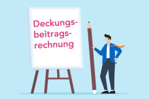 Illustration Mensch vor Flipchart mit Text "Deckungsbeitragsrechnung"