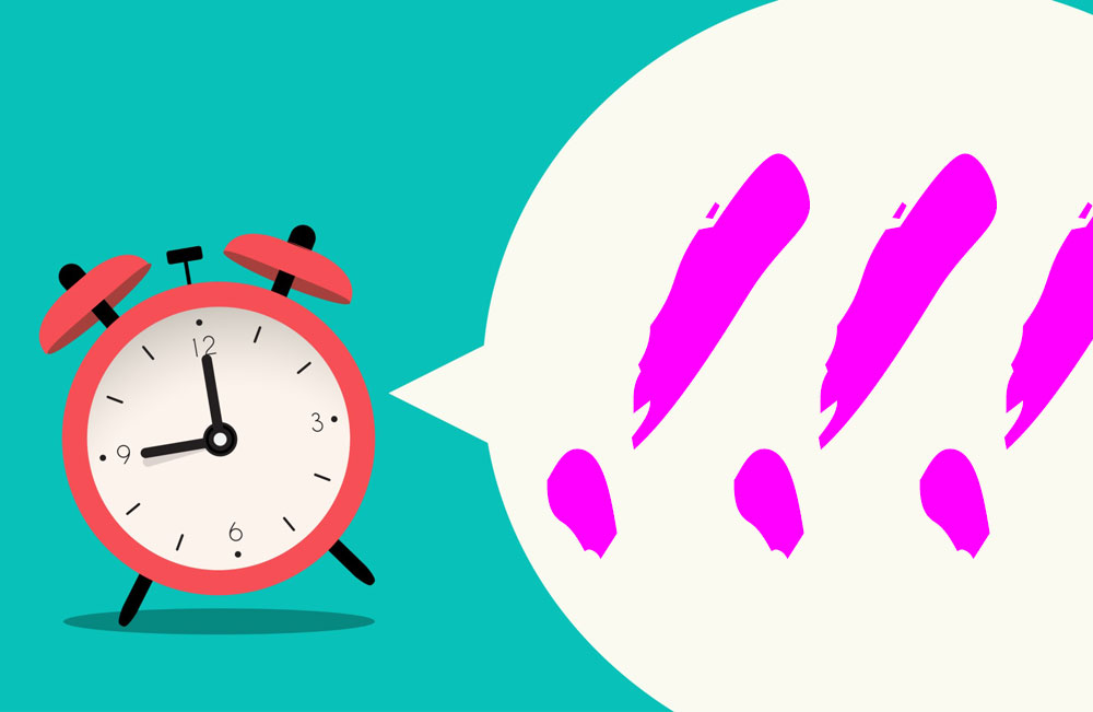 Illustration Wecker mit drei Ausrufungszeichen in Sprechblase